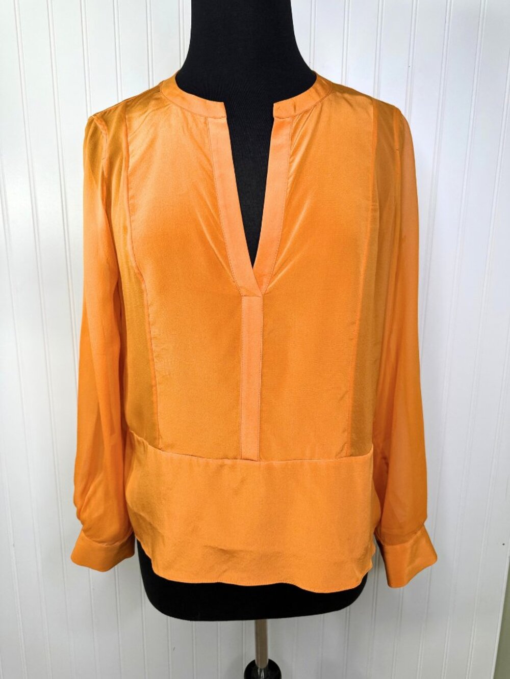BCBGMaxAzria Liberty Mixed Fabric Silk Blouse Dark Persimmon Orange Size M